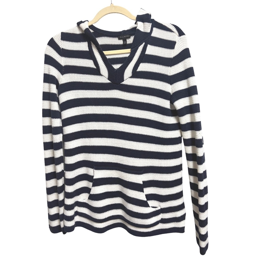 Talbots Coastal Striped Nautical Knit Hoodie Navy White Cotton Sweater XS